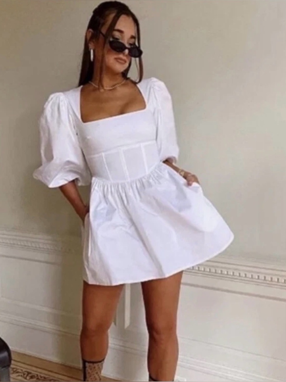 Danielle Bernstein White Puff Sleeve Square Neck Short Corset waist Dress 00